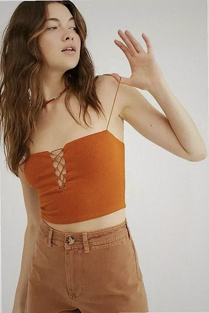 Free People-Intimately-Lola- Copper RUST-Ribbed-Crop-Cage Bust-Strappy Cami Top