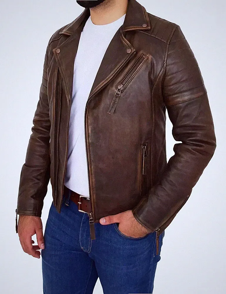 Mens Real Leather Biker Jacket Vintage Copper Rust Rub Off Slim Fit Style Coat